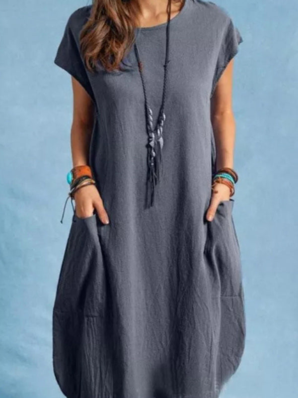 Cotton Linen Loose Casual Solid Color Pocket Dress For Women