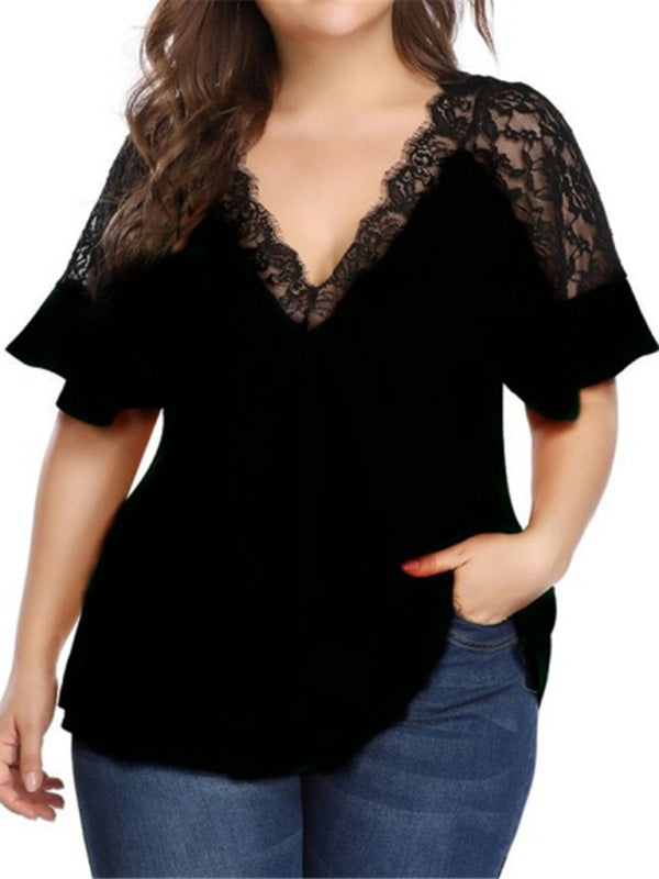 New large size V-neck short-sleeved women's stitching lace solid color top