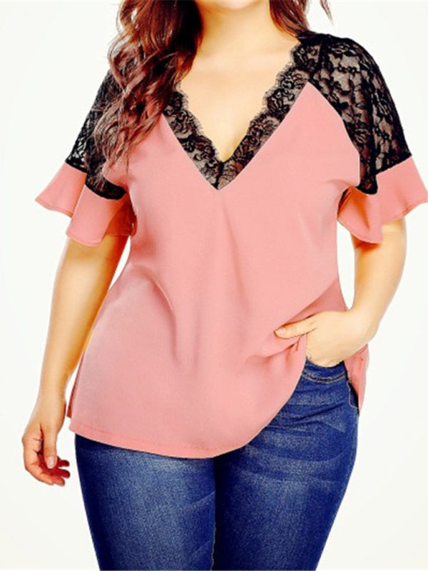 New large size V-neck short-sleeved women's stitching lace solid color top