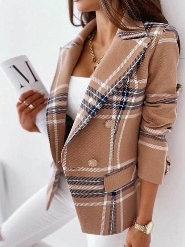 Long-sleeved double-breasted plaid-print blazer