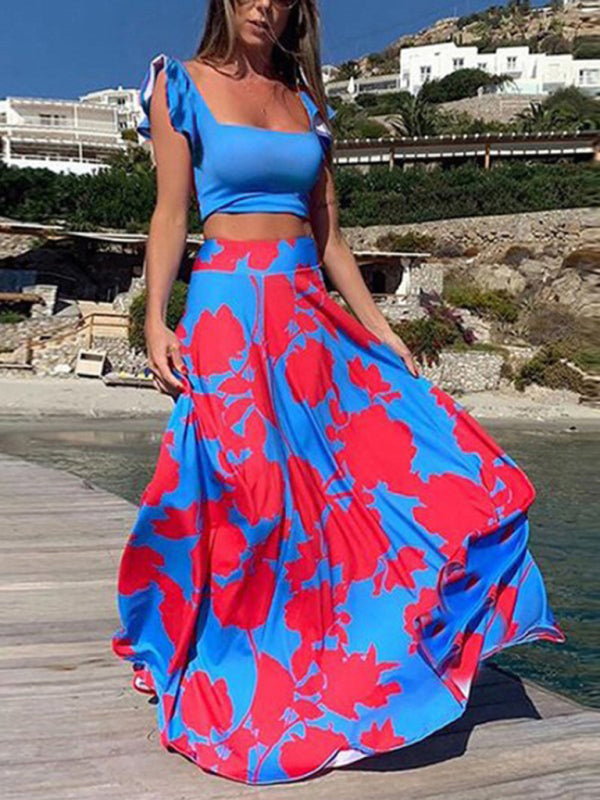 New women's two-piece suit fashion print sexy big swing skirt suit