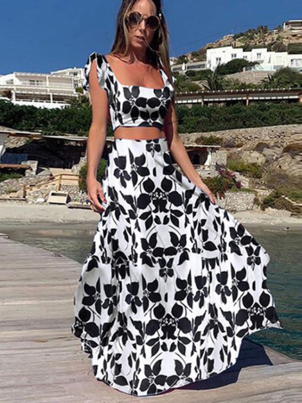 New women's two-piece suit fashion print sexy big swing skirt suit
