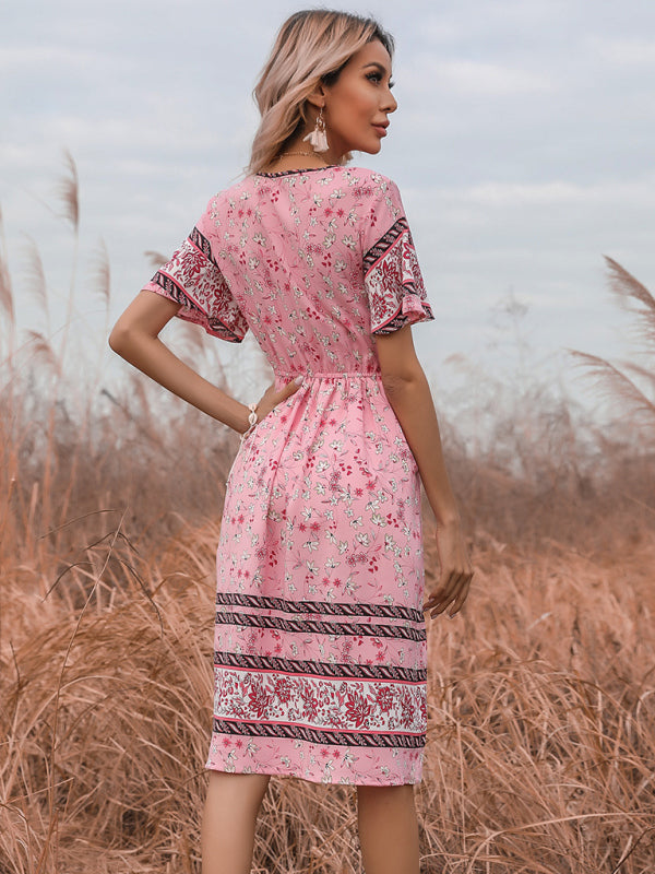 Women's Bohemian Short Sleeve V-Neck Floral Dress