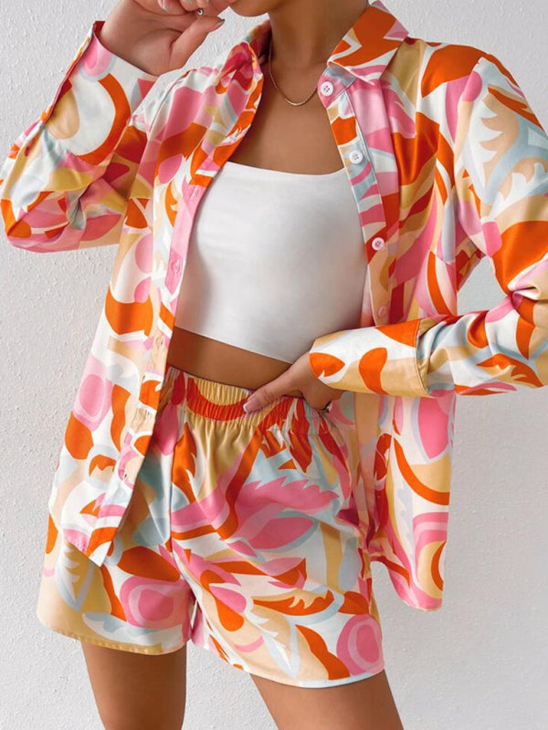 Women's printed casual long-sleeved shirt + shorts two-piece suit
