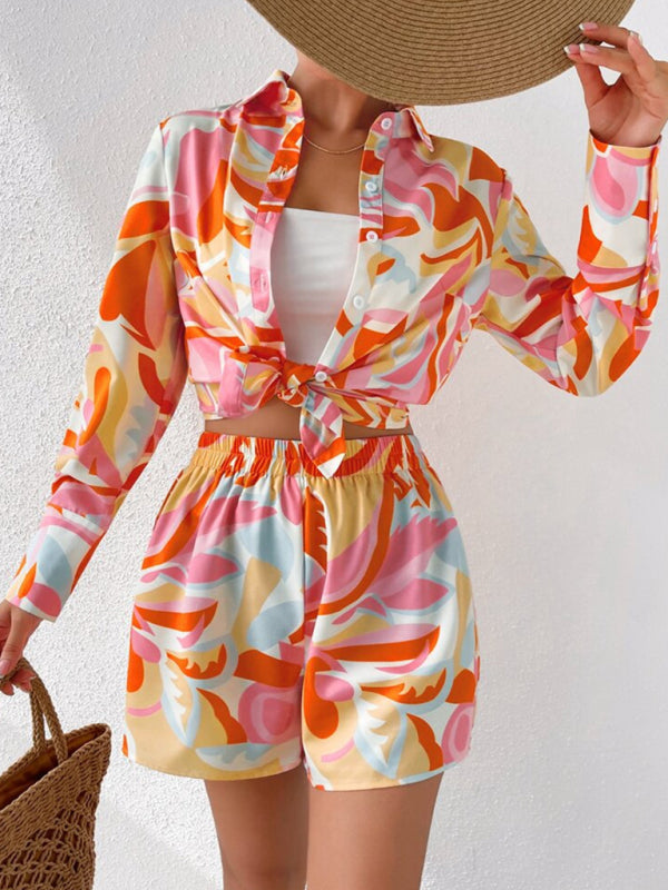 Women's printed casual long-sleeved shirt + shorts two-piece suit