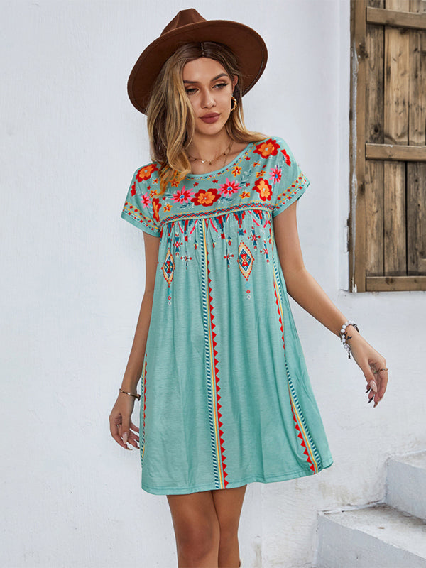 Women's Floral Embroidered Short-sleeve A-line Mini Dress