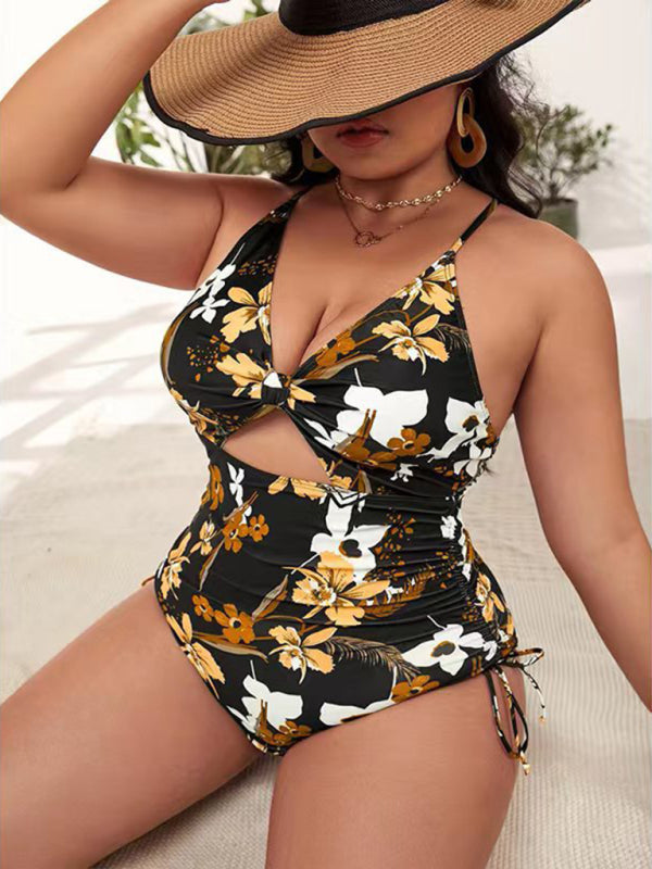 Plus Size Women-Printed Push-up Hollow One-Piece Swimsuit