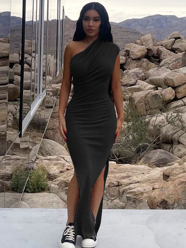 Women's Solid Color Casual Pleated Shoulder Slit Slim Long Dress