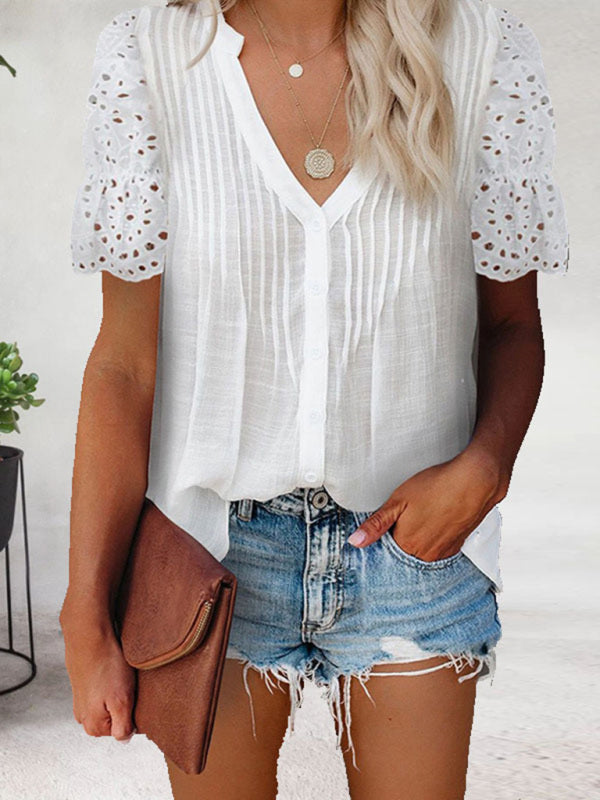 Solid color V-neck front pleats lace puff sleeves splicing single-breasted multi-button shirt