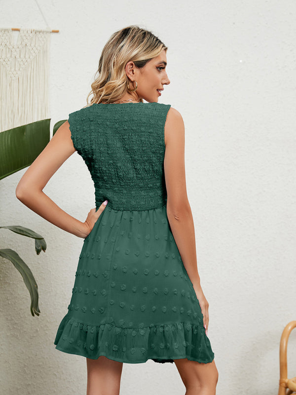 Women's Solid Color Jacquard Chiffon Pleated V-neck Sleeveless Dress