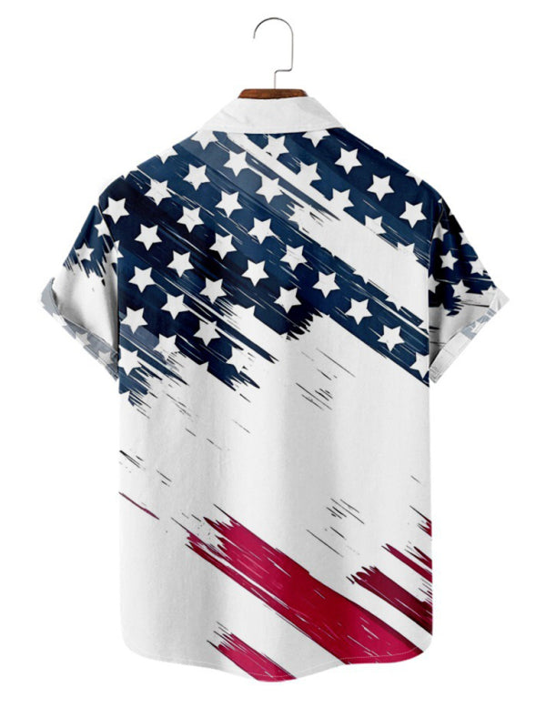 Men's Short Sleeve Loose Shirt American Flag Print Casual Lapel Clothing