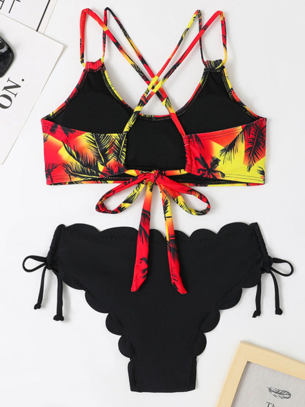 New Multicolor Coconut Tree Printing Laser Cut Flower Petals Bottoms Ladies Split Bikini Swimsuit