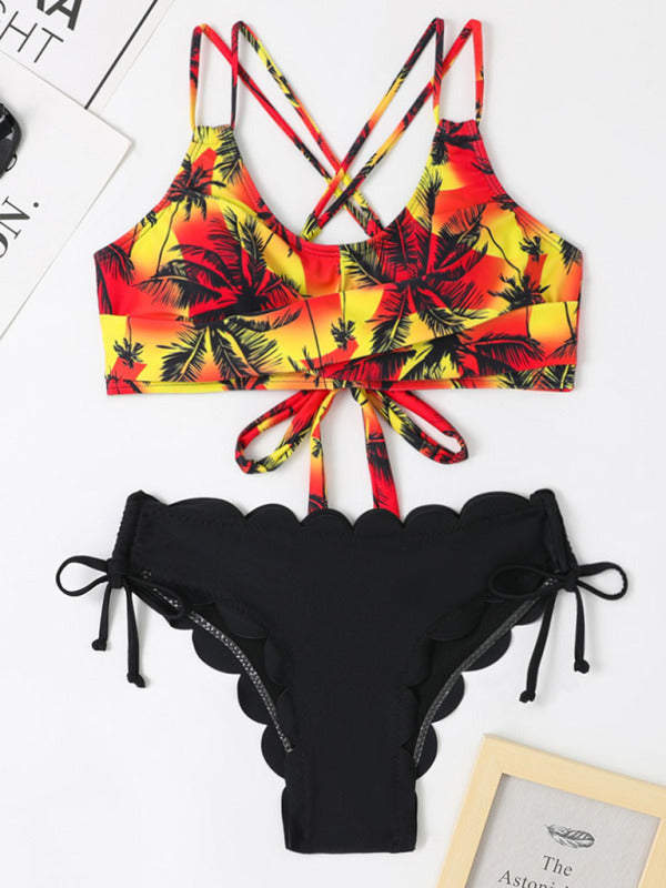 New Multicolor Coconut Tree Printing Laser Cut Flower Petals Bottoms Ladies Split Bikini Swimsuit