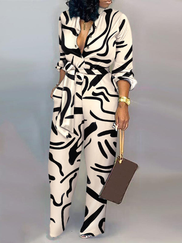 Women's fashion commuting abstract print long-sleeved jumpsuit