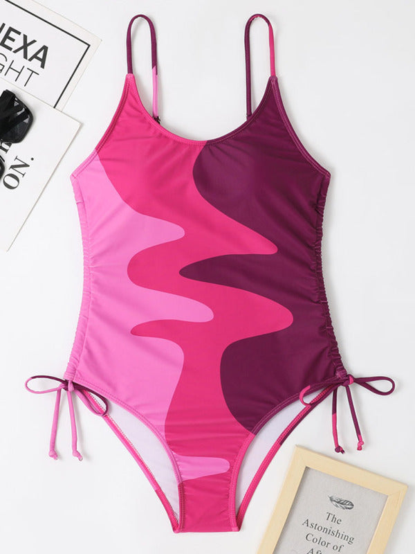 New One-Piece Swimsuit Multicolor Stitching Drawstring Corrugated Ladies Swimsuit