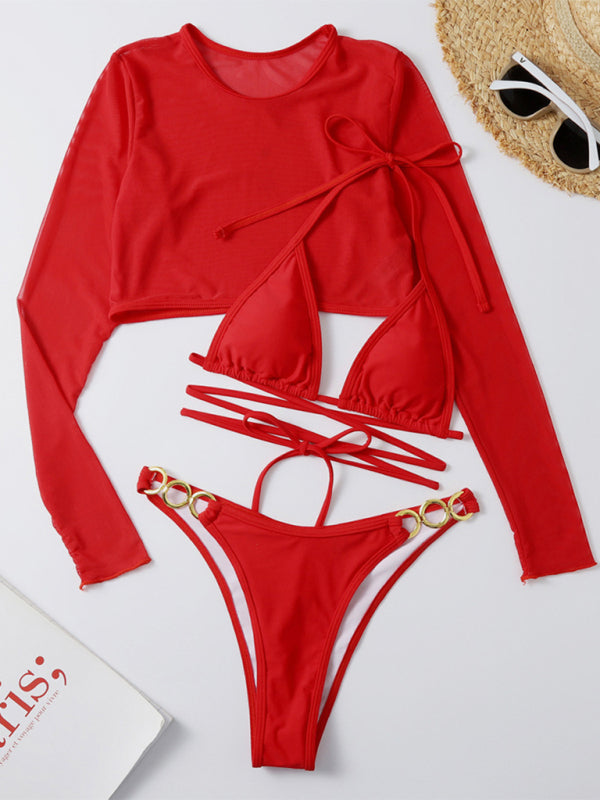 Women's swimsuit long-sleeved mesh jacket three-piece swimsuit solid color sexy bikini
