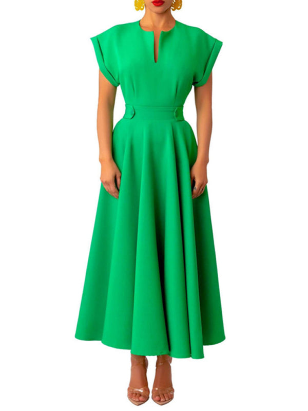 Women's Solid Color Retro Elegant V-Neck Wrapped Sleeves Narrow Waist Stitching Dress
