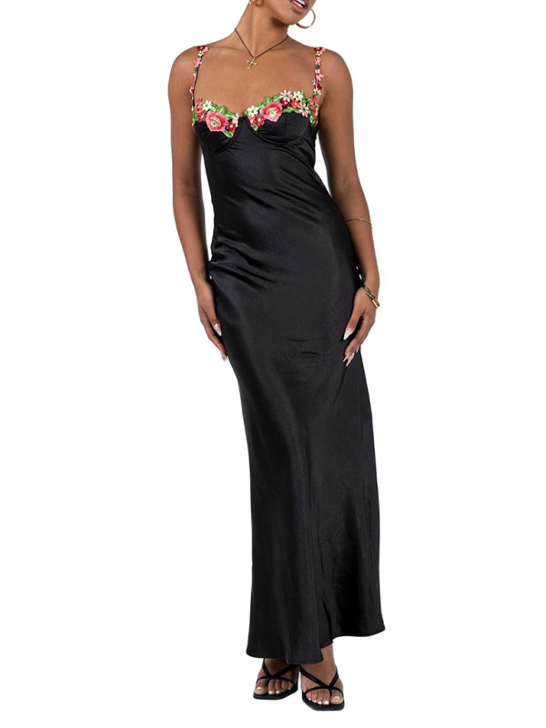 Fashion Sexy Embroidered Lace Camisole Solid Color Long Dress