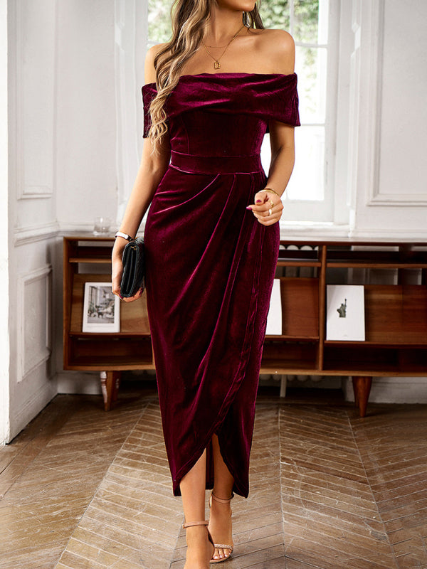 Women's elegant velvet one-shoulder party dress
