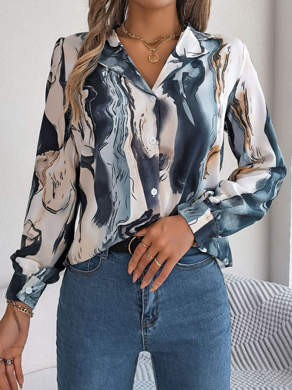 New women's casual color contrast striped suit collar long-sleeved shirt