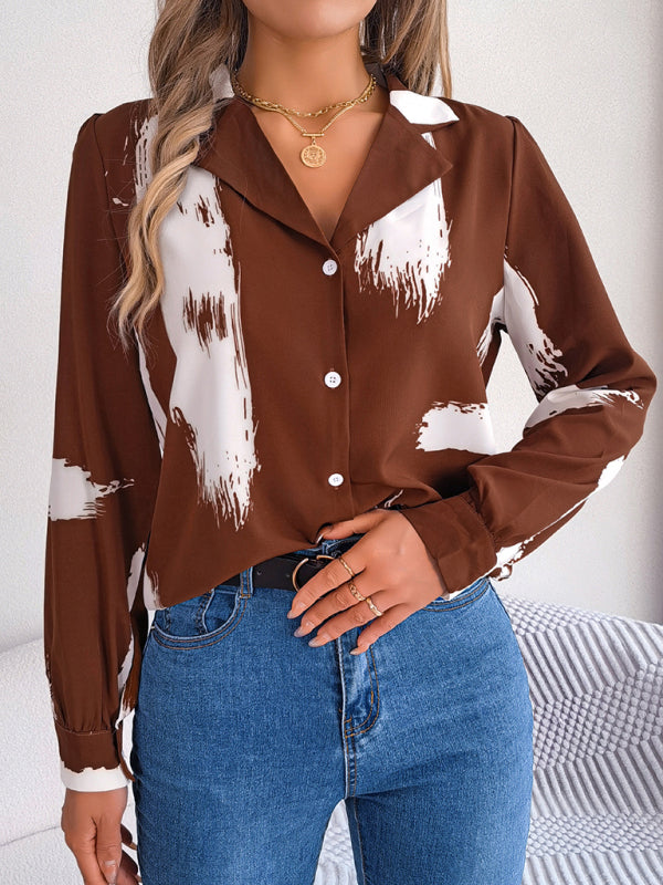 New women's temperament contrasting color striped suit collar long-sleeved shirt