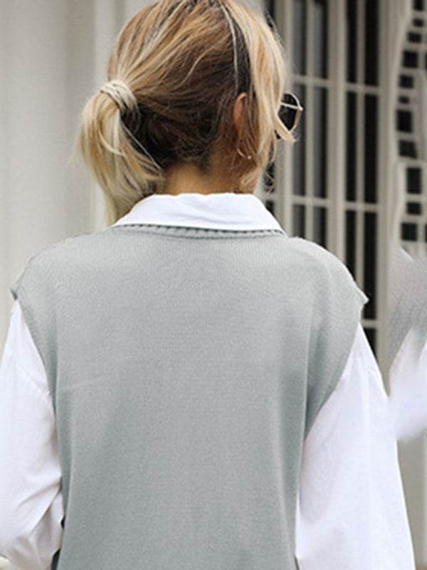 Women's Long Solid Color V-Neck Vest Vest Knitted Sweater Dress