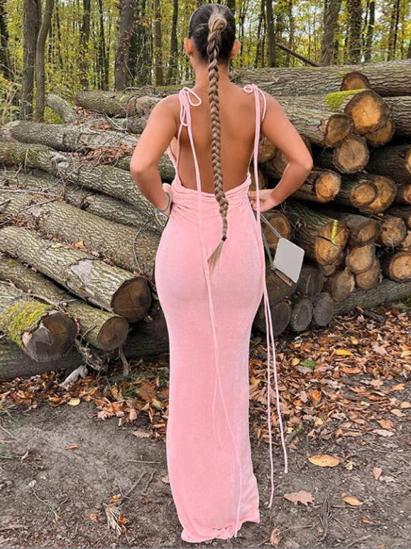 New fashionable and sexy backless strappy long skirt tube top halter neck dress