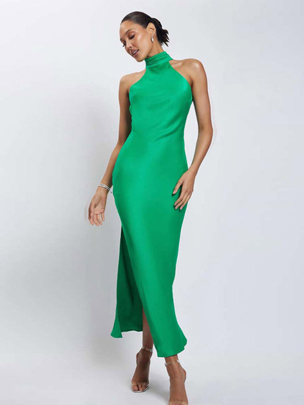 Women's New Fashion Sexy Sleeveless Backless Halter Slit Long Skirt Banquet Dress