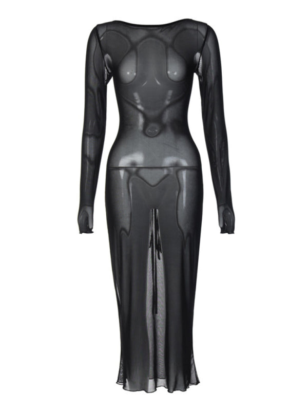 Women's see-through mesh backless dress lace-up sexy midi skirt long-sleeved slim black dress