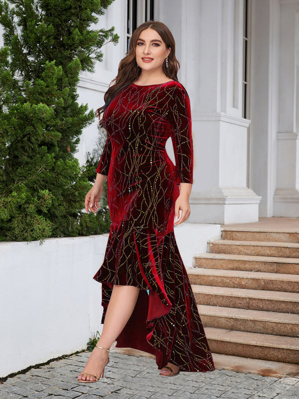 Three-quarter sleeve mermaid high-low hem maxi velvet dress