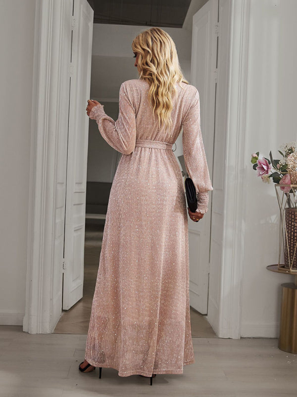 Women's Elegant V Neck Long Sleeve Waist Midi Dress