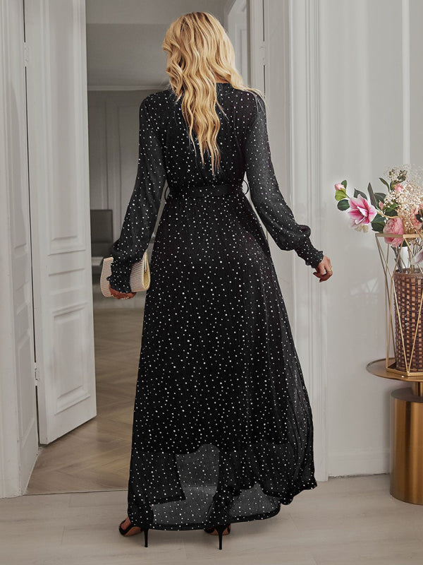 Women's Elegant V Neck Long Sleeve Waist Midi Dress