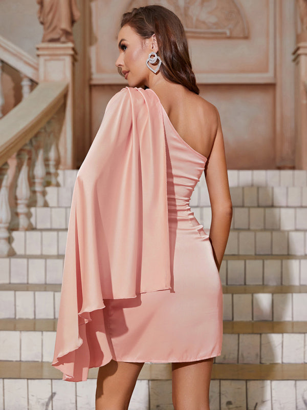 Women's Solid Color Sloped Shoulder Prom Evening Dress Dress