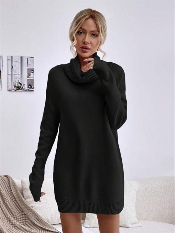 Women's new solid color loose turtleneck knitted sweater dress