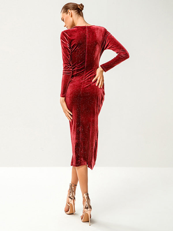 Women's sequin velvet high slit sexy dress