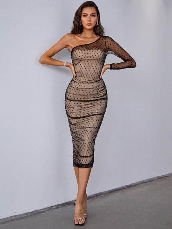 One-shoulder mesh see-through sexy slim party dress