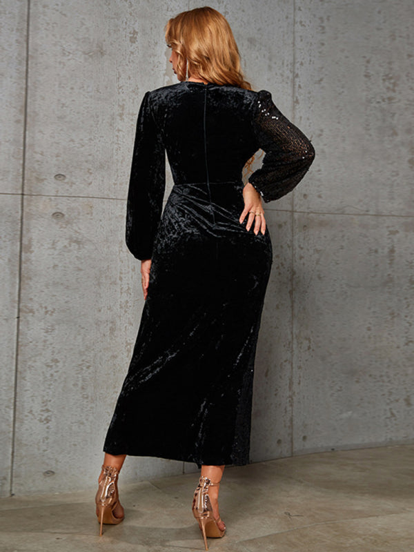 Sequined velvet patchwork high slit sexy evening dress