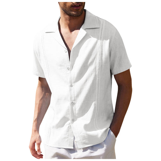 Men's Loose Casual Linen Shirt Cuban Guayabera Short Sleeve Beach Shirt