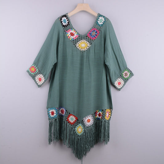 Three-quarter sleeve chain link flower splicing irregular tassel anti-sun blouse ethnic style dress