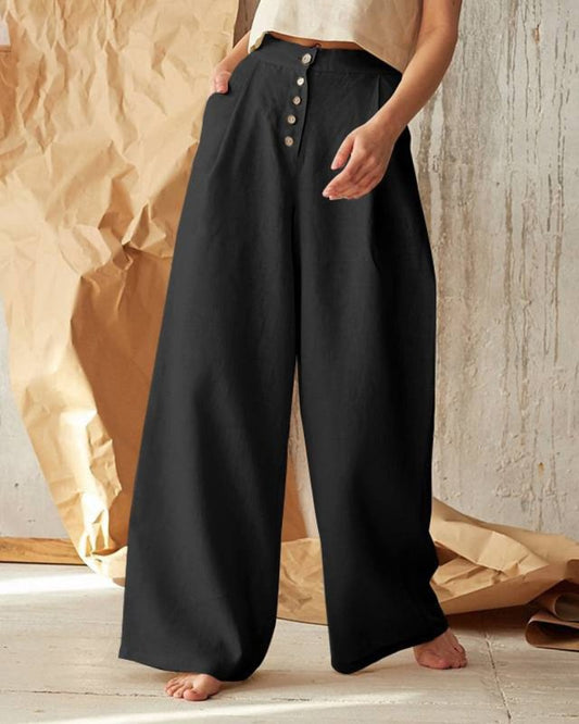 Women's Solid Color Single-breasted Button Casual High Waist Wide Leg Pants