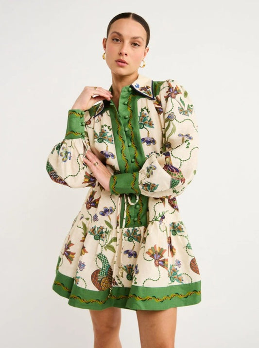 New long-sleeve printed lapel loose tie casual dress
