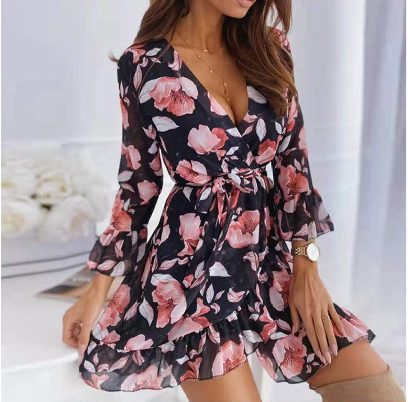 European and American sexy V-neck printed tie casual foreign trade nine-quarter-sleeve ruffled dress