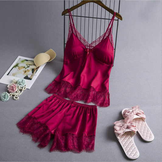 Women's solid color camisole lace pajama set